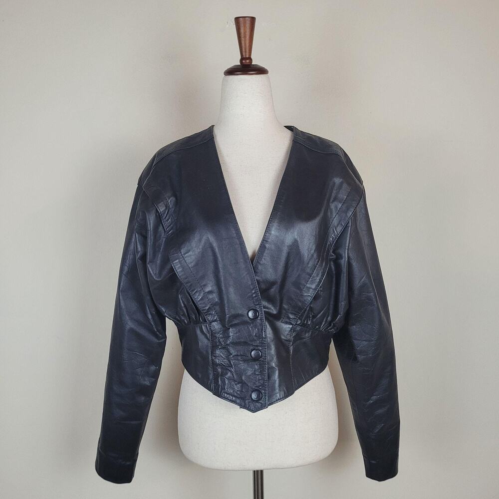 Vintage Black Leather Jacket Med Statement Rocker 80s Cropped Retro Edgy‎ Biker